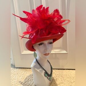 Vibrant Red Feathered top Hat